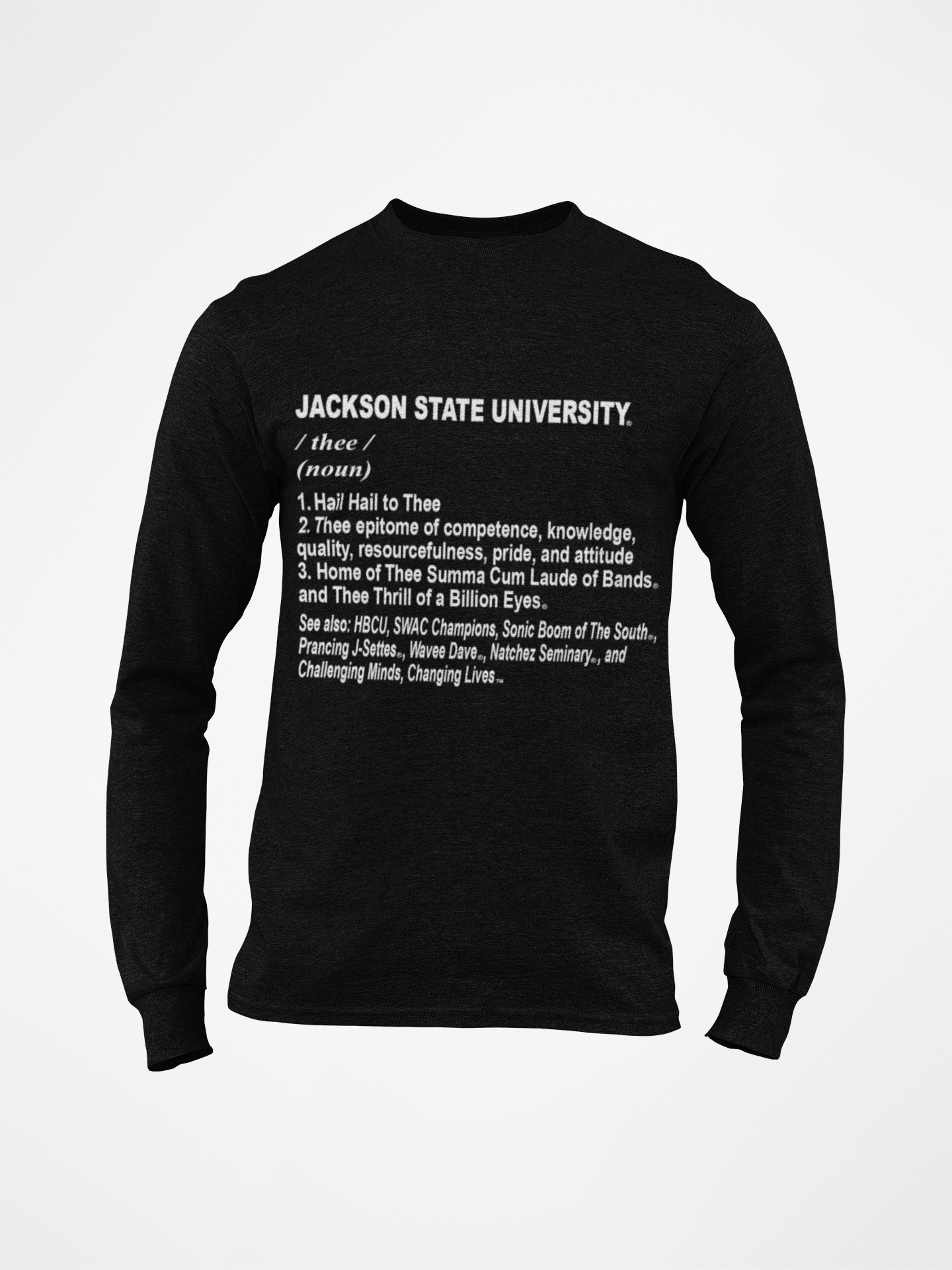 Black long-sleeve crewneck T-shirt with white graphic text on front
