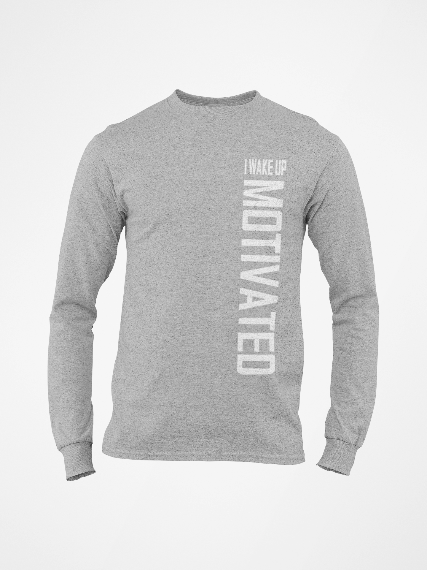 Athletic heather gray long sleeve crewneck T-shirt, front vertical white slogan graphic