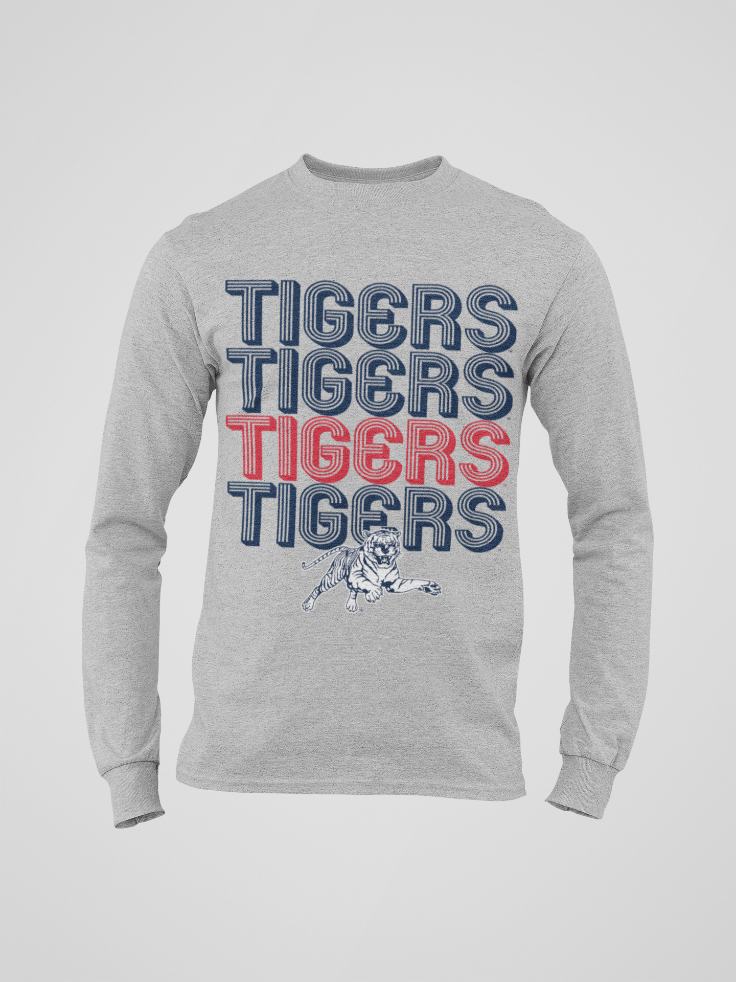 Heather grey youth long sleeve crewneck T-shirt with stacked Tigers logo graphic