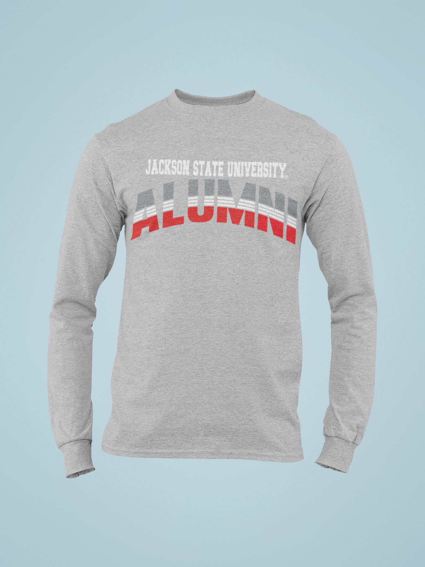 Gray long sleeve crew neck T-shirt with alumni graphic and 'Jackson State University'