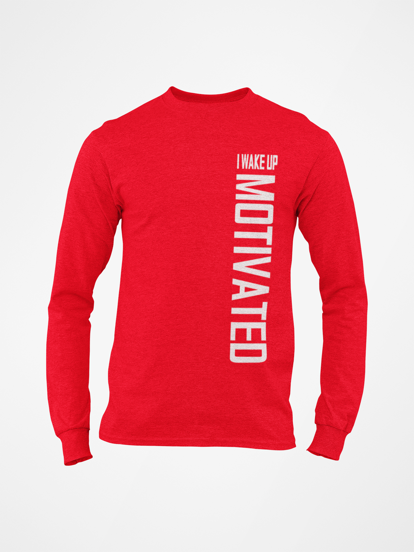 Red long sleeve crewneck T-shirt, front vertical white slogan graphic