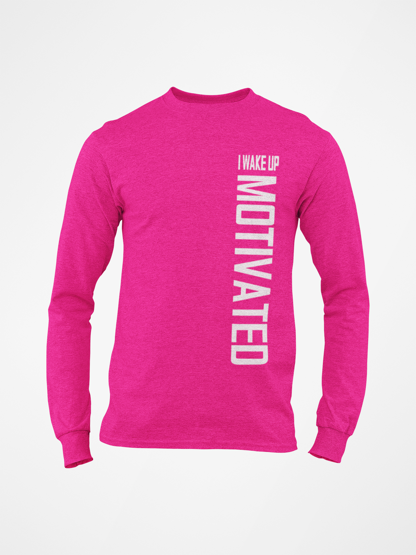 Pink long sleeve crewneck T-shirt, front vertical white slogan graphic