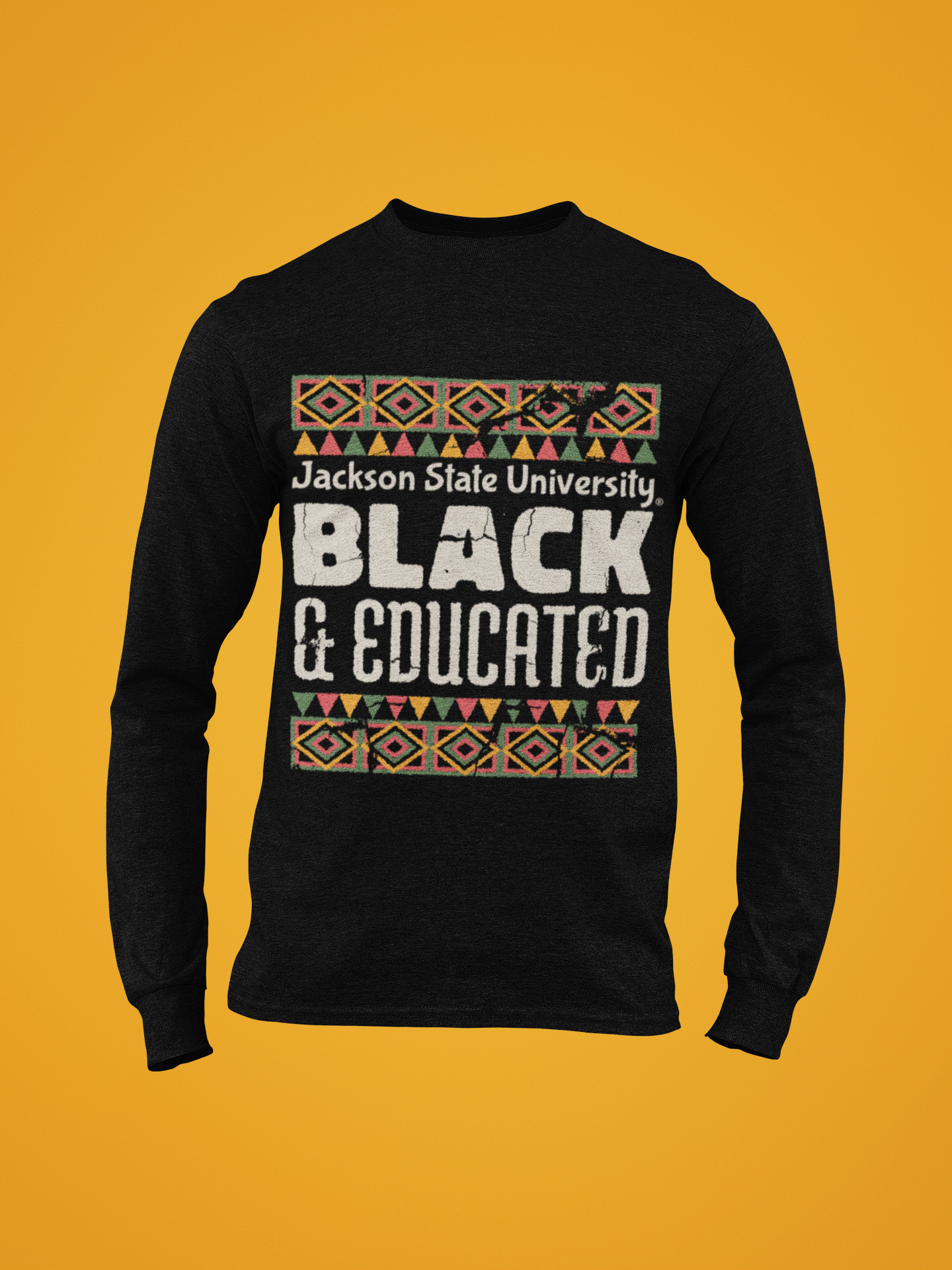 Black long sleeve crew neck T-shirt with “Black &amp; Educated” graphic on chest