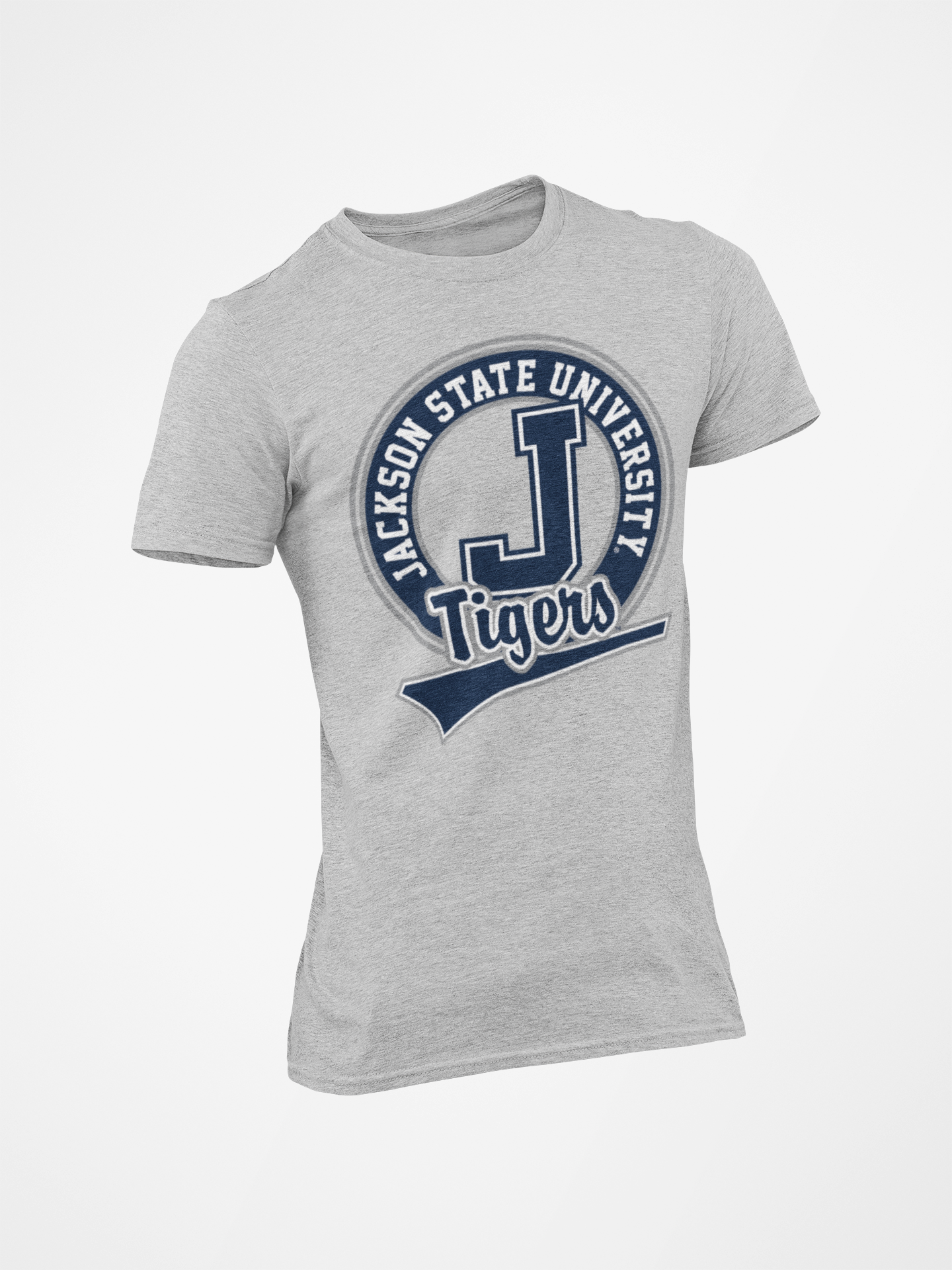 Athletic heather grey short sleeve crew-neck T-shirt with Jackson State Tigers logo