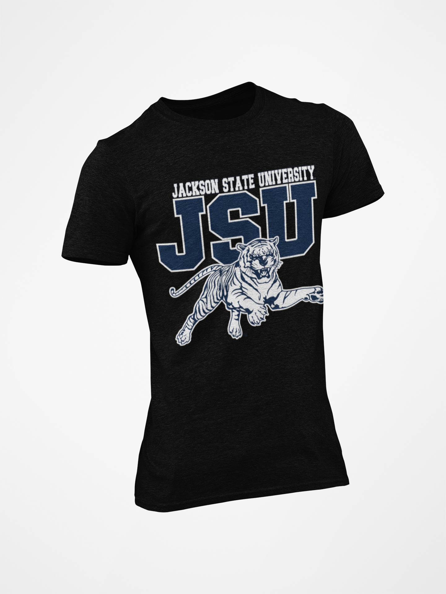Unisex crew-neck T-shirt, black with JSU leaping tiger graphic and lettering