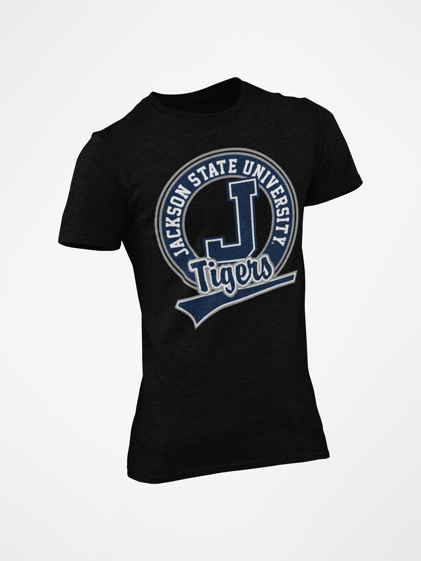 Black short sleeve crew-neck T-shirt with Jackson State Tigers logo front
