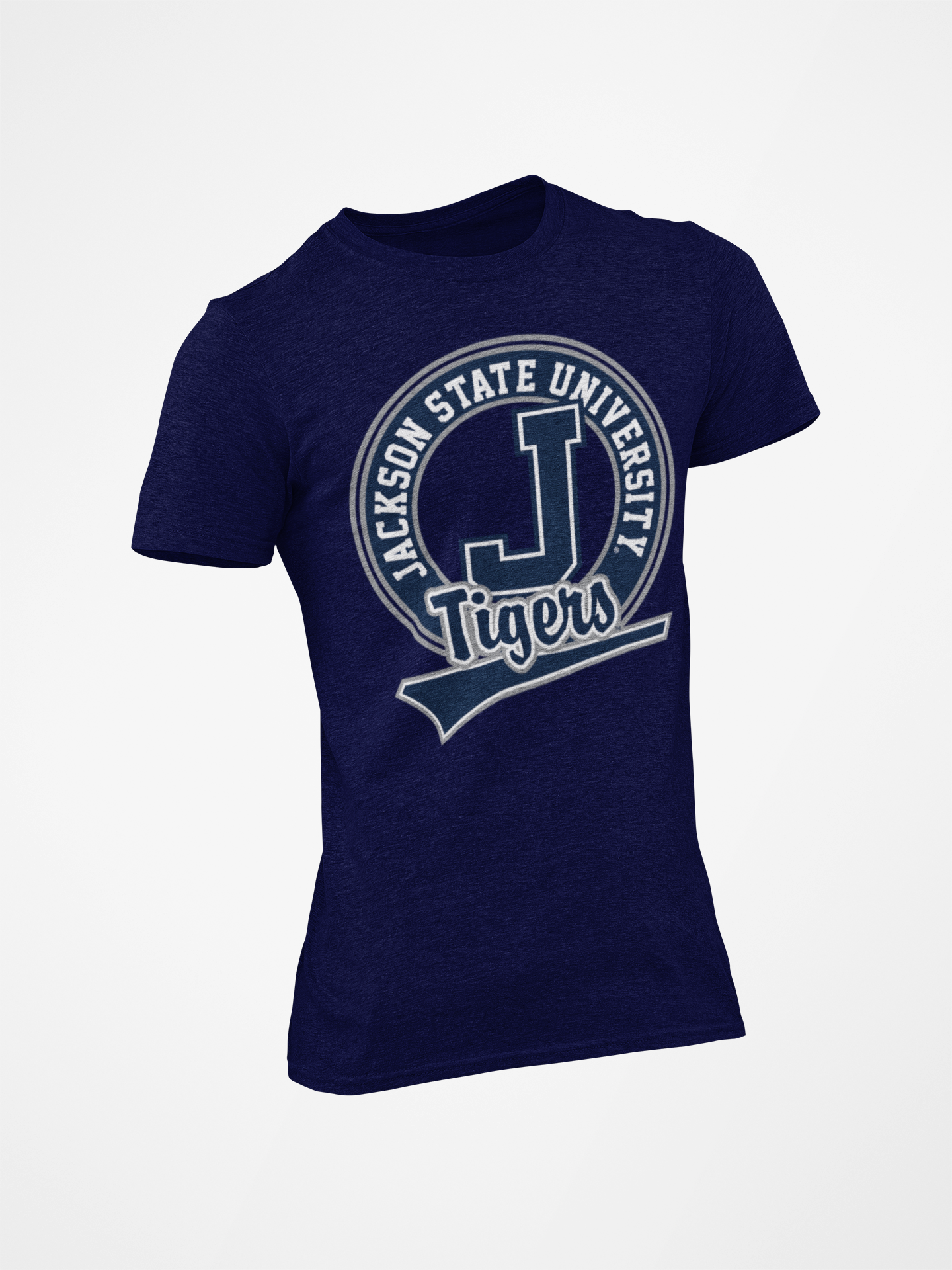 Navy blue short sleeve crew-neck T-shirt with Jackson State Tigers logo front