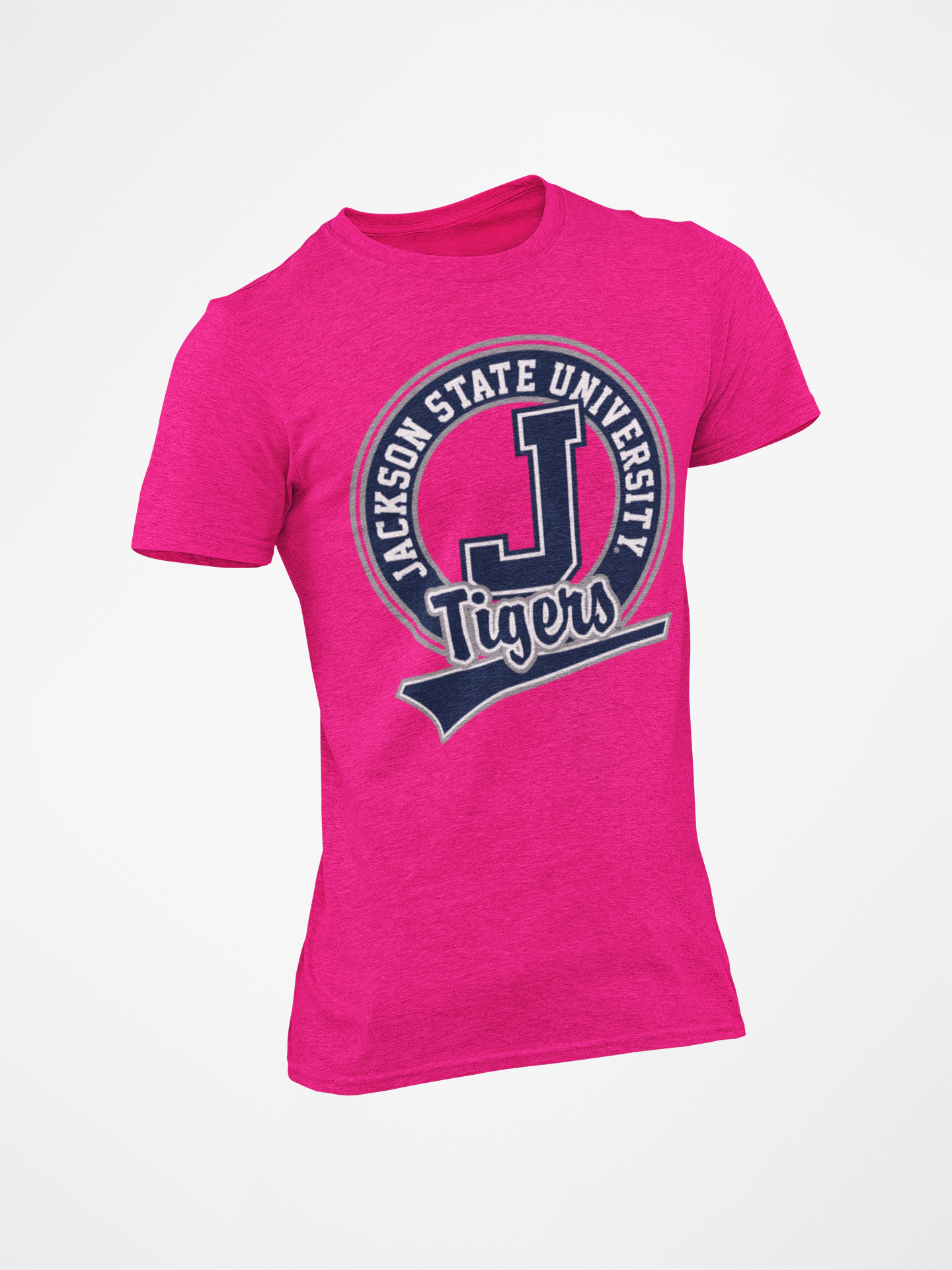 Pink short sleeve crew-neck T-shirt with Jackson State Tigers logo front