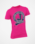 Pink short sleeve crew-neck T-shirt with Jackson State Tigers logo front