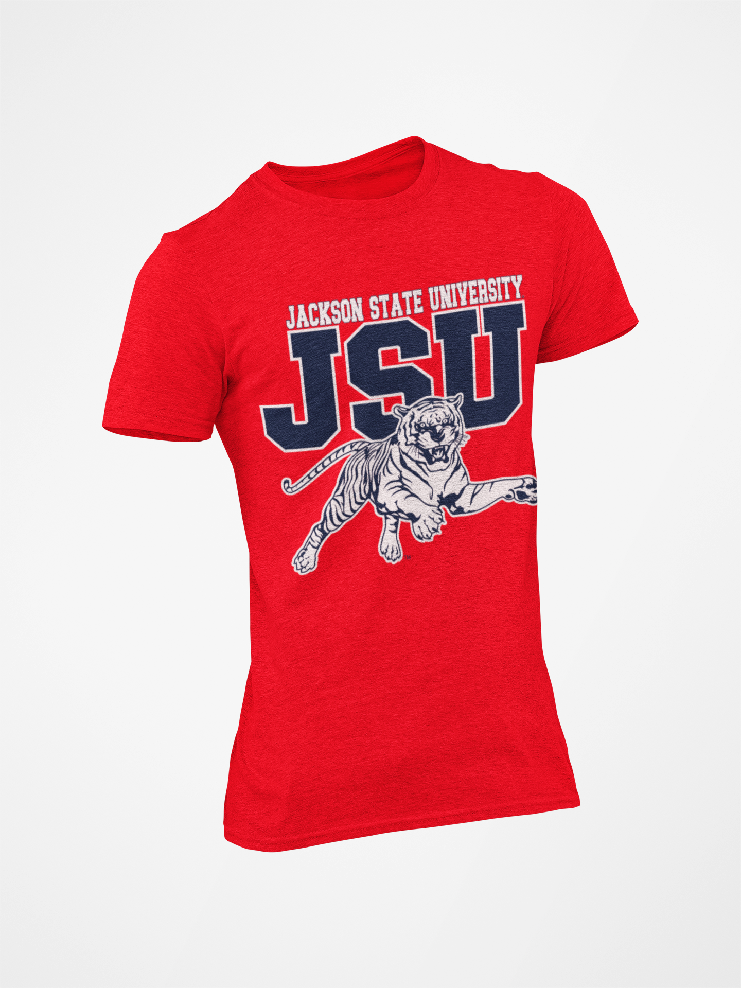Unisex crew-neck T-shirt, red with JSU leaping tiger graphic and lettering