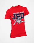 Unisex crew-neck T-shirt, red with JSU leaping tiger graphic and lettering