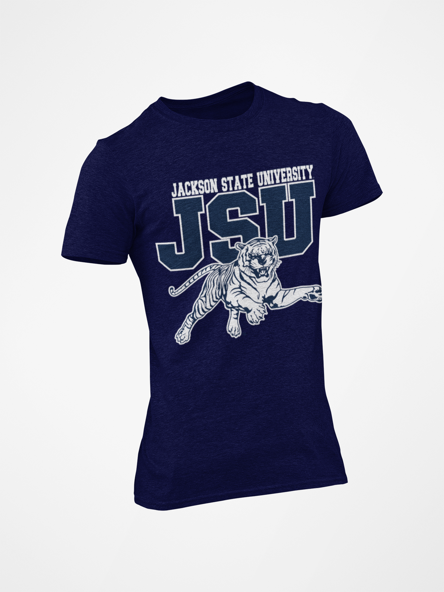 Unisex crew-neck T-shirt, navy blue with JSU leaping tiger graphic and lettering