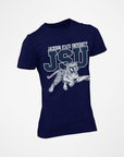 Unisex crew-neck T-shirt, navy blue with JSU leaping tiger graphic and lettering