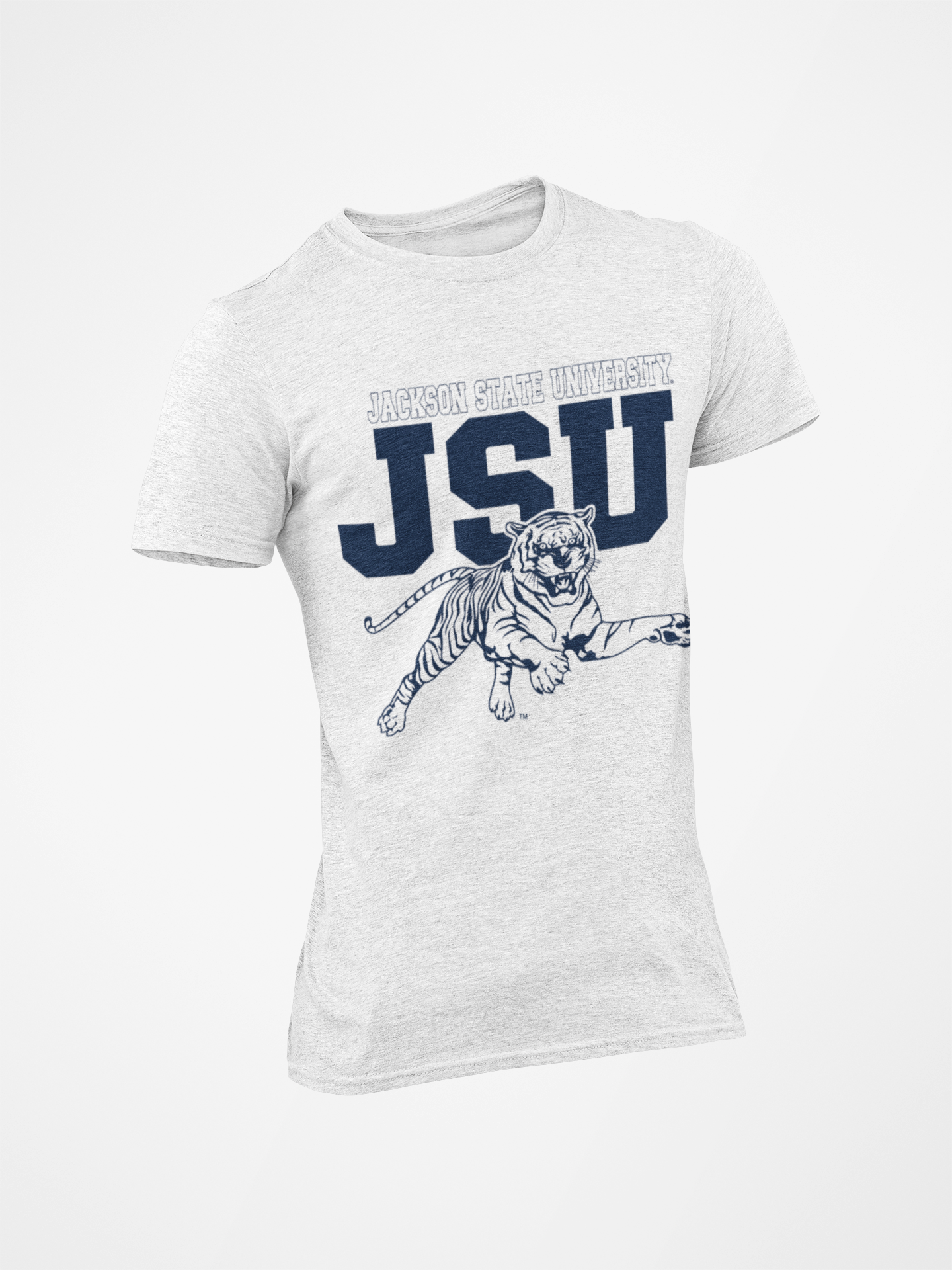 Unisex crew-neck T-shirt, white with JSU leaping tiger graphic and lettering