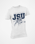 Unisex crew-neck T-shirt, white with JSU leaping tiger graphic and lettering