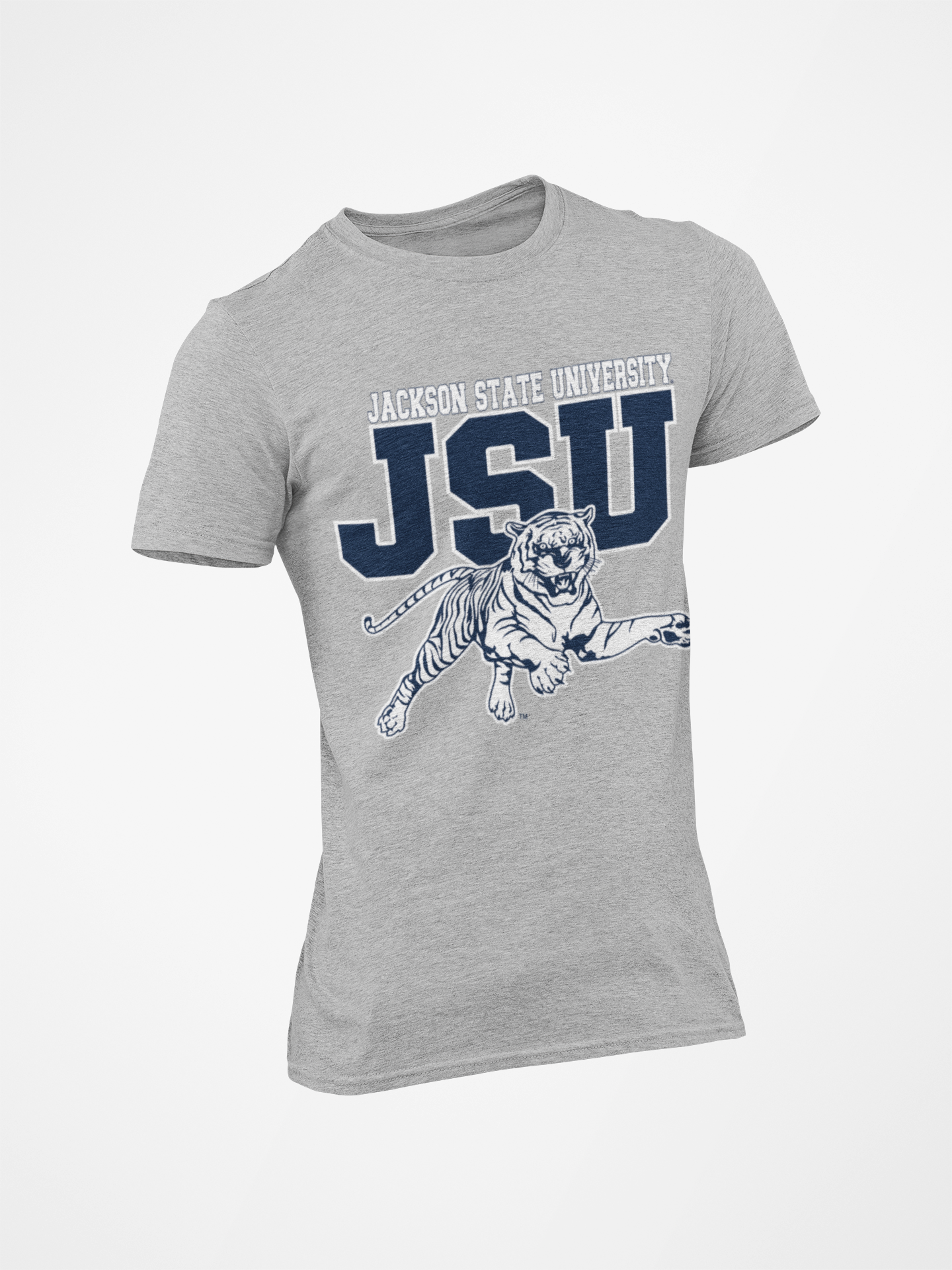 Unisex crew-neck T-shirt, gray with JSU leaping tiger graphic and lettering