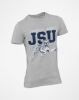 Unisex crew-neck T-shirt, gray with JSU leaping tiger graphic and lettering