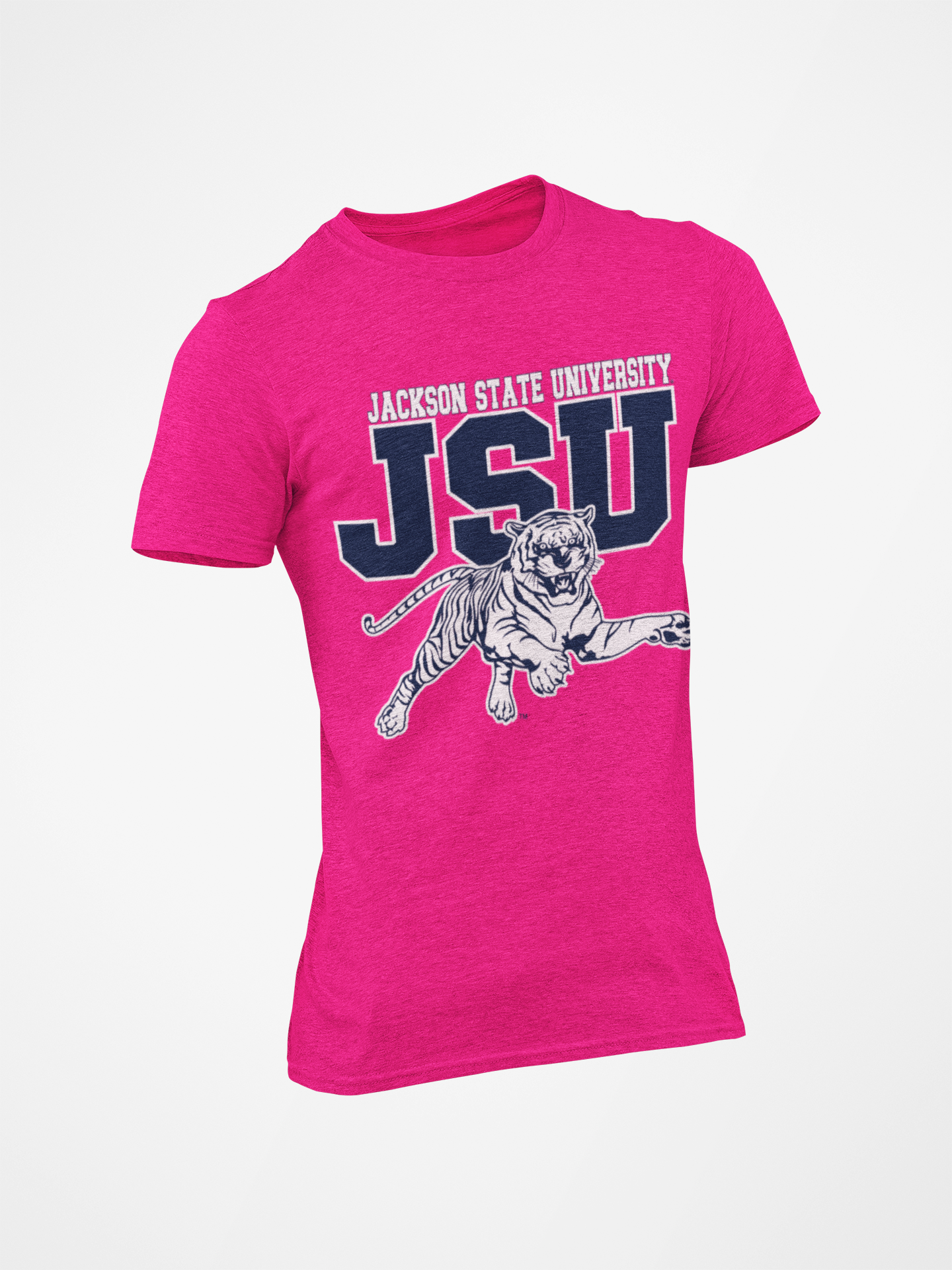 Unisex crew-neck T-shirt, bright pink with JSU leaping tiger graphic and lettering