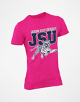 Unisex crew-neck T-shirt, bright pink with JSU leaping tiger graphic and lettering