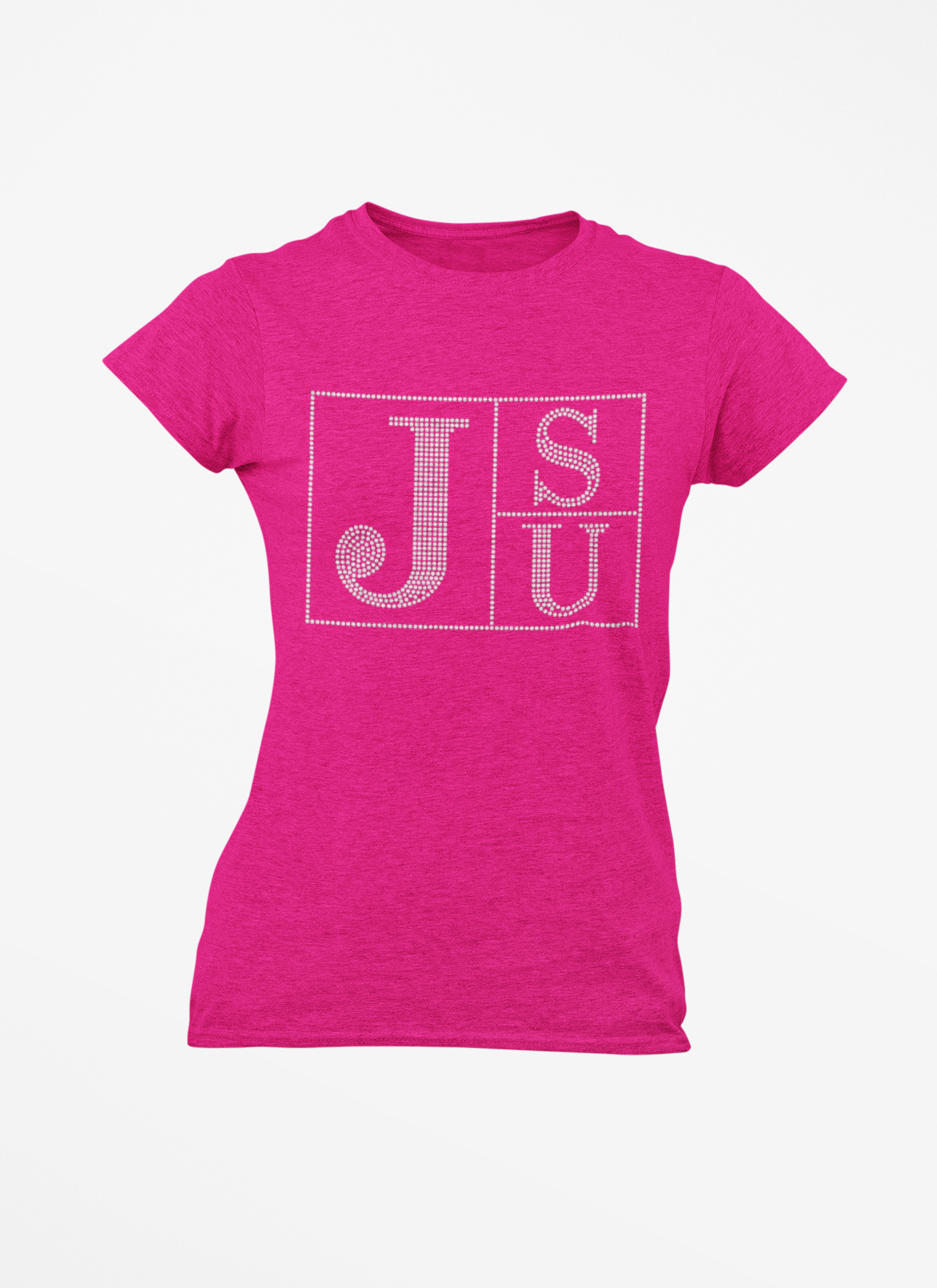 Pink crew-neck T-shirt with rhinestone block TS and JU lettering on chest