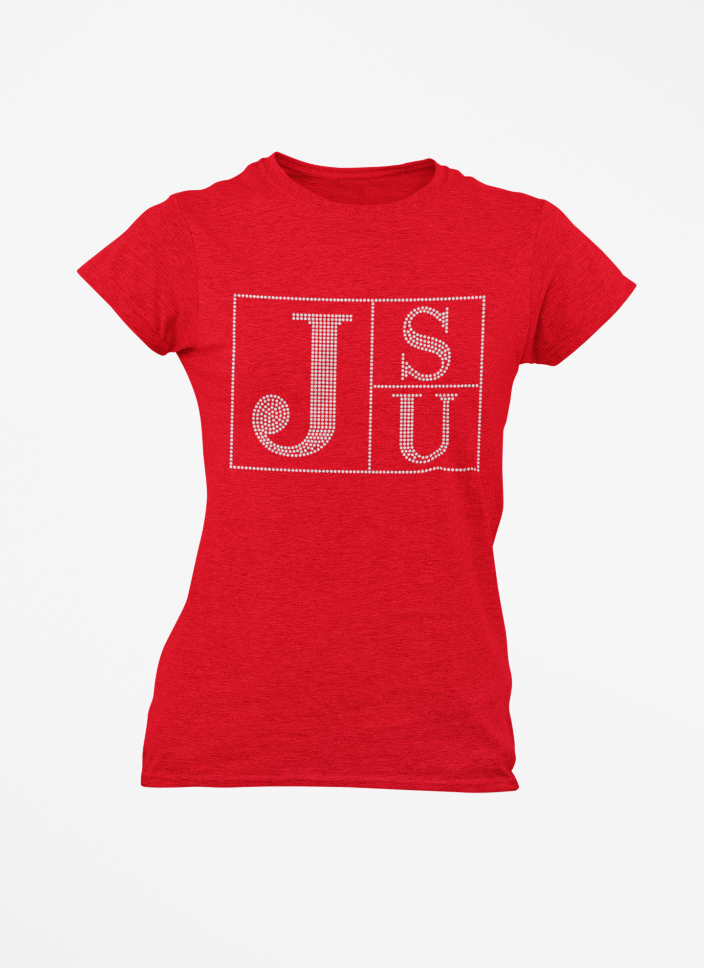 Red crew-neck T-shirt with rhinestone block TS and JU lettering on chest
