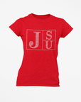 Red crew-neck T-shirt with rhinestone block TS and JU lettering on chest