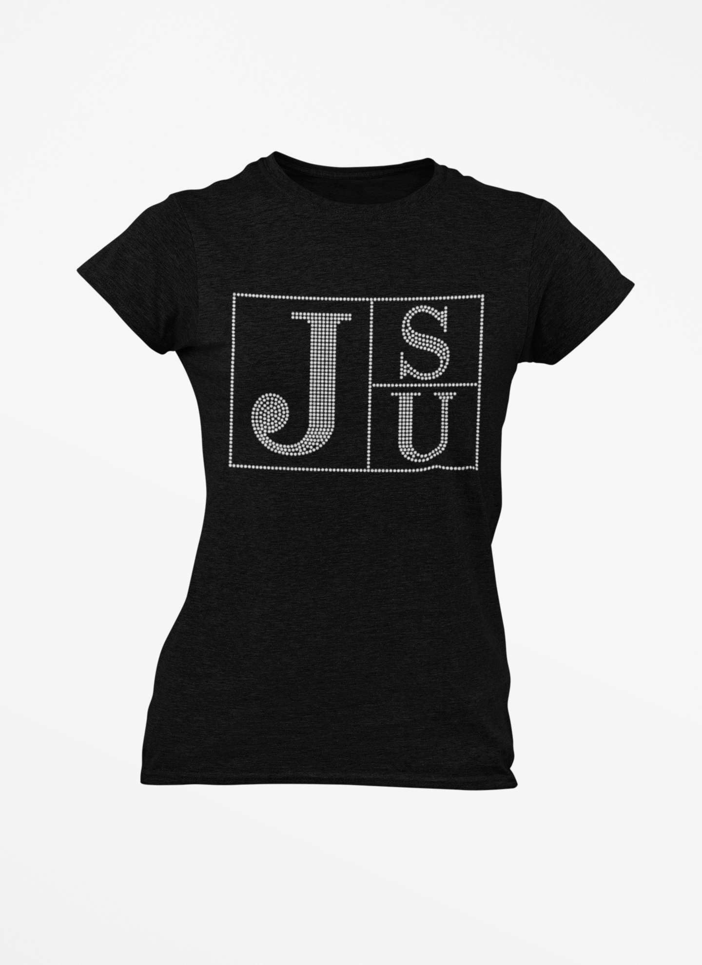 Black crew-neck T-shirt with rhinestone block TS and JU lettering on chest
