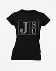 Black crew-neck T-shirt with rhinestone block TS and JU lettering on chest
