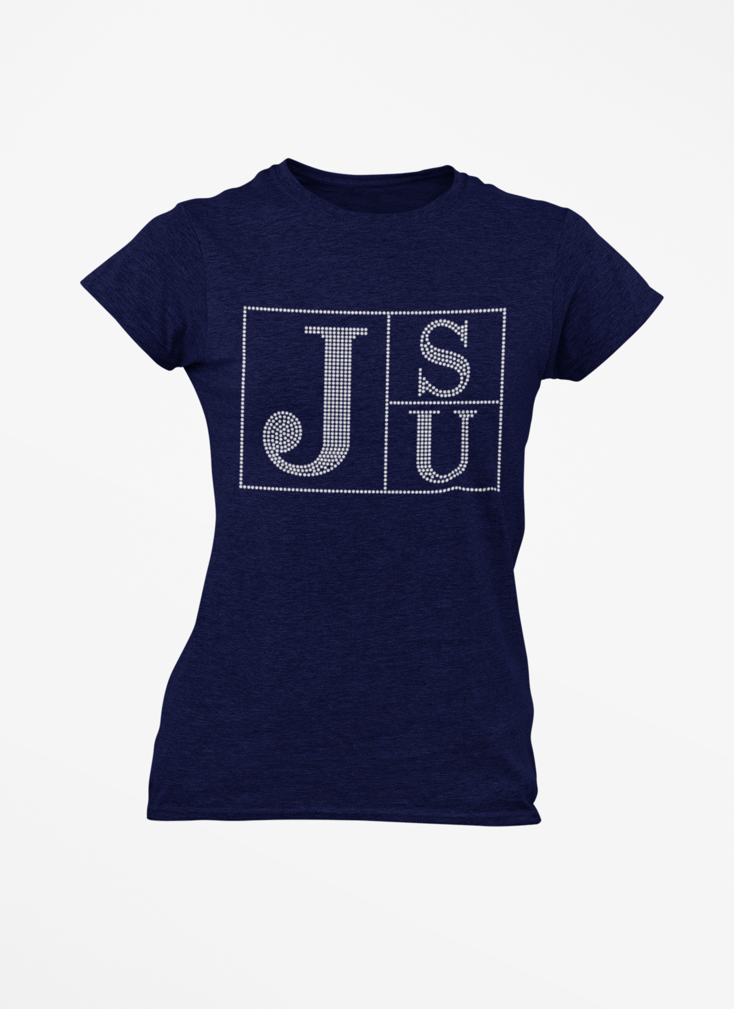 Navy blue crew-neck T-shirt with rhinestone block TS and JU lettering on chest