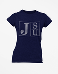 Navy blue crew-neck T-shirt with rhinestone block TS and JU lettering on chest