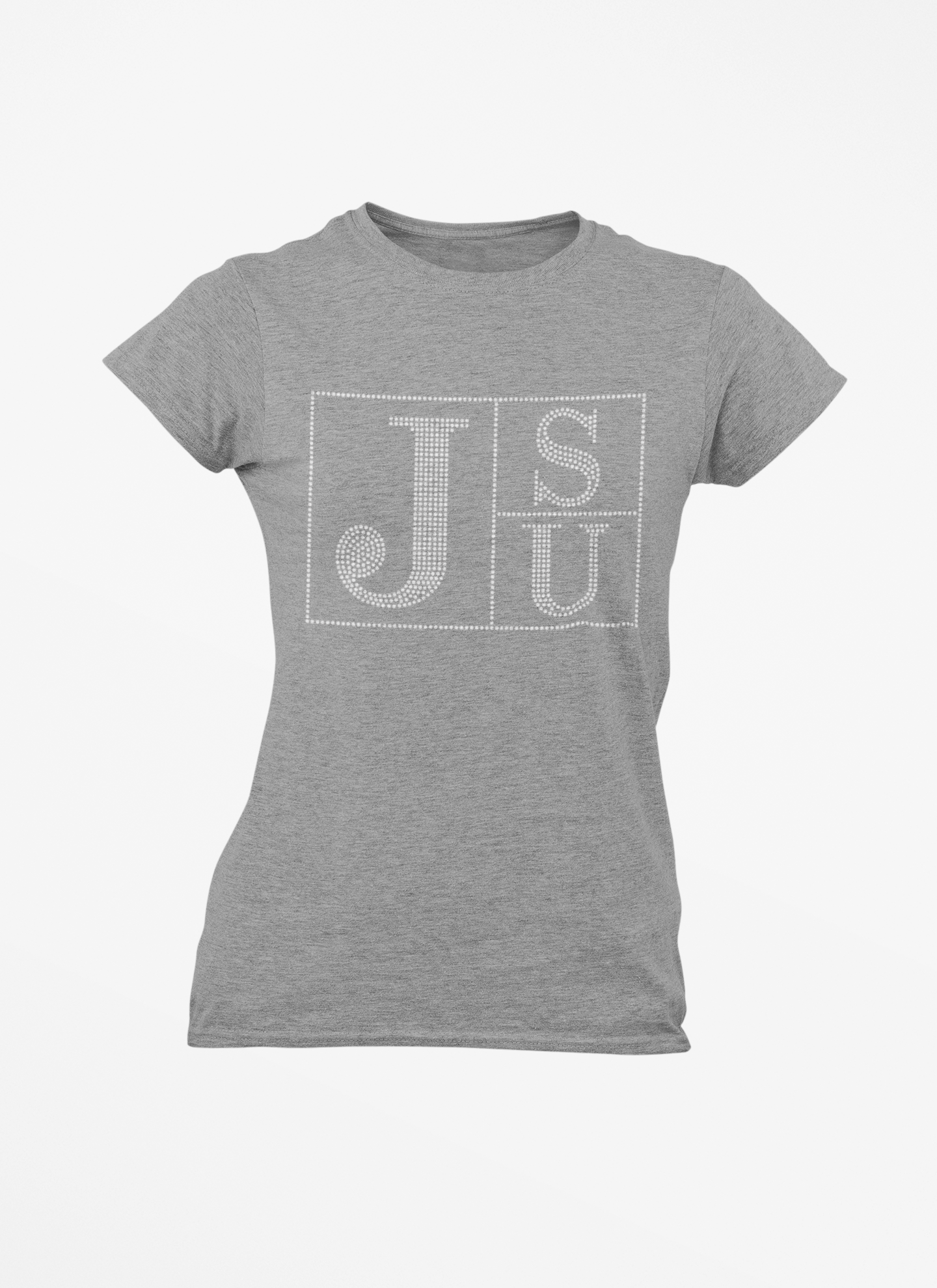 Heather gray crew-neck T-shirt with rhinestone block TS and JU lettering on chest