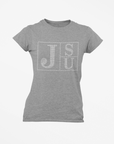 Heather gray crew-neck T-shirt with rhinestone block TS and JU lettering on chest