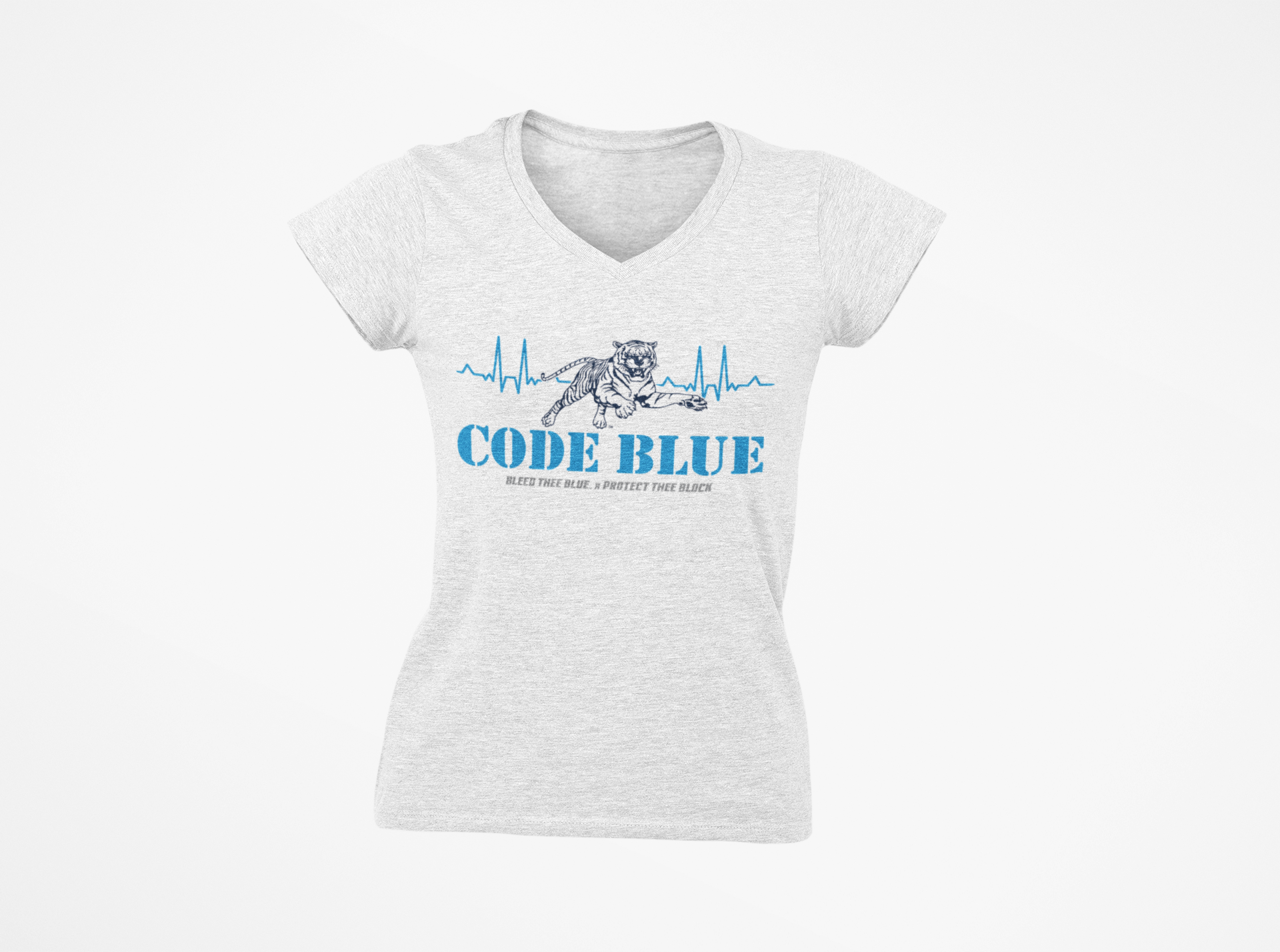 Unisex V-neck t-shirt in white, featuring a blue “Code Blue” graphic on the chest.
