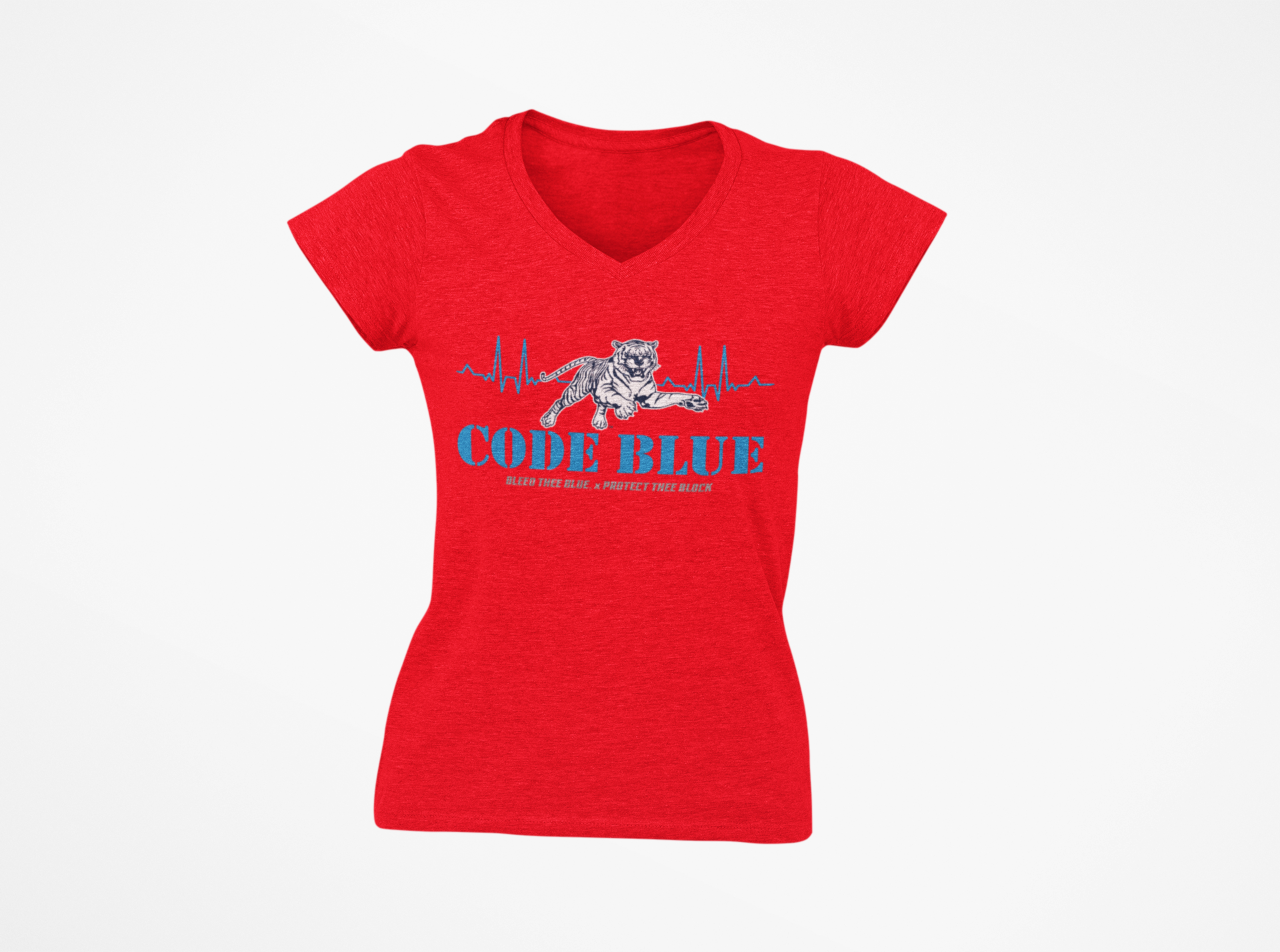 Unisex V-neck t-shirt in red, featuring a blue “Code Blue” graphic on the chest.