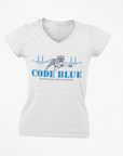 Unisex V-neck t-shirt in white, featuring a blue “Code Blue” graphic on the chest.
