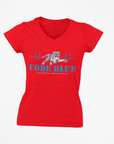 Unisex V-neck t-shirt in red, featuring a blue “Code Blue” graphic on the chest.
