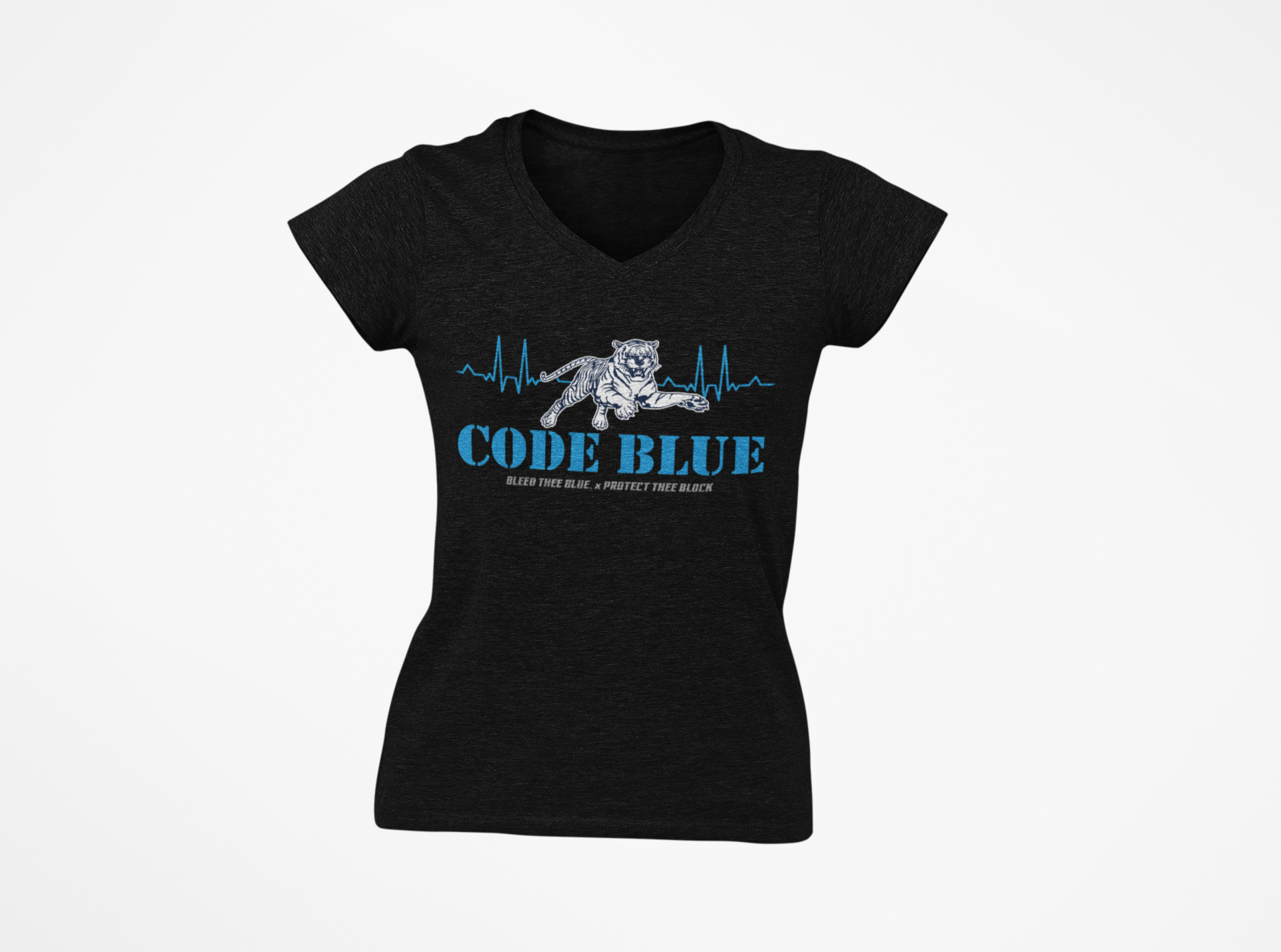 Unisex V-neck t-shirt in black, featuring a blue “Code Blue” graphic on the chest.