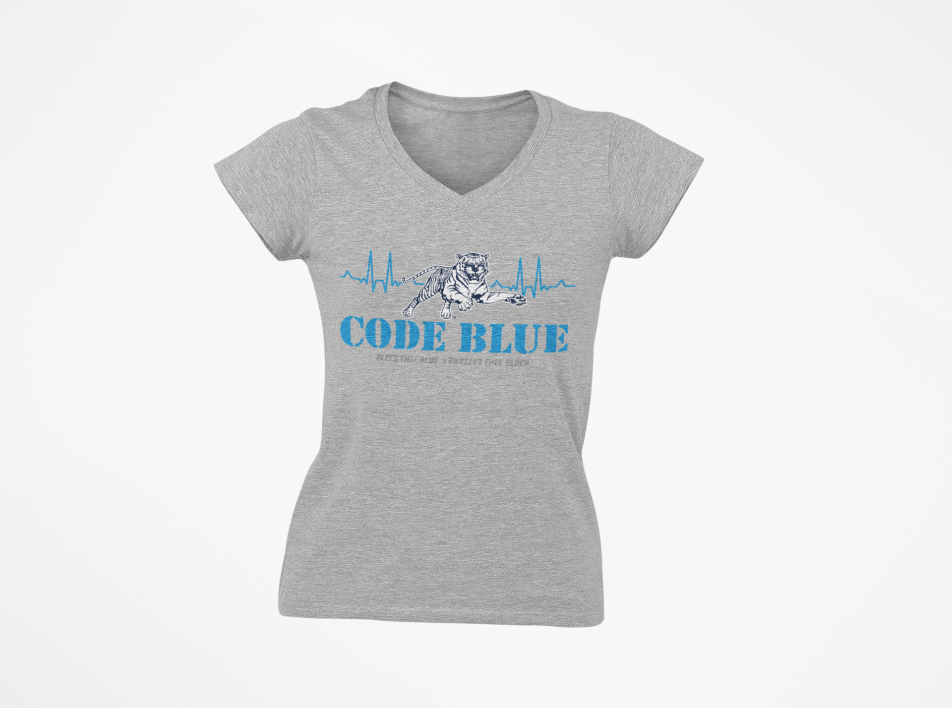 Unisex V-neck t-shirt in athletic heather gray, featuring a blue “Code Blue” graphic.