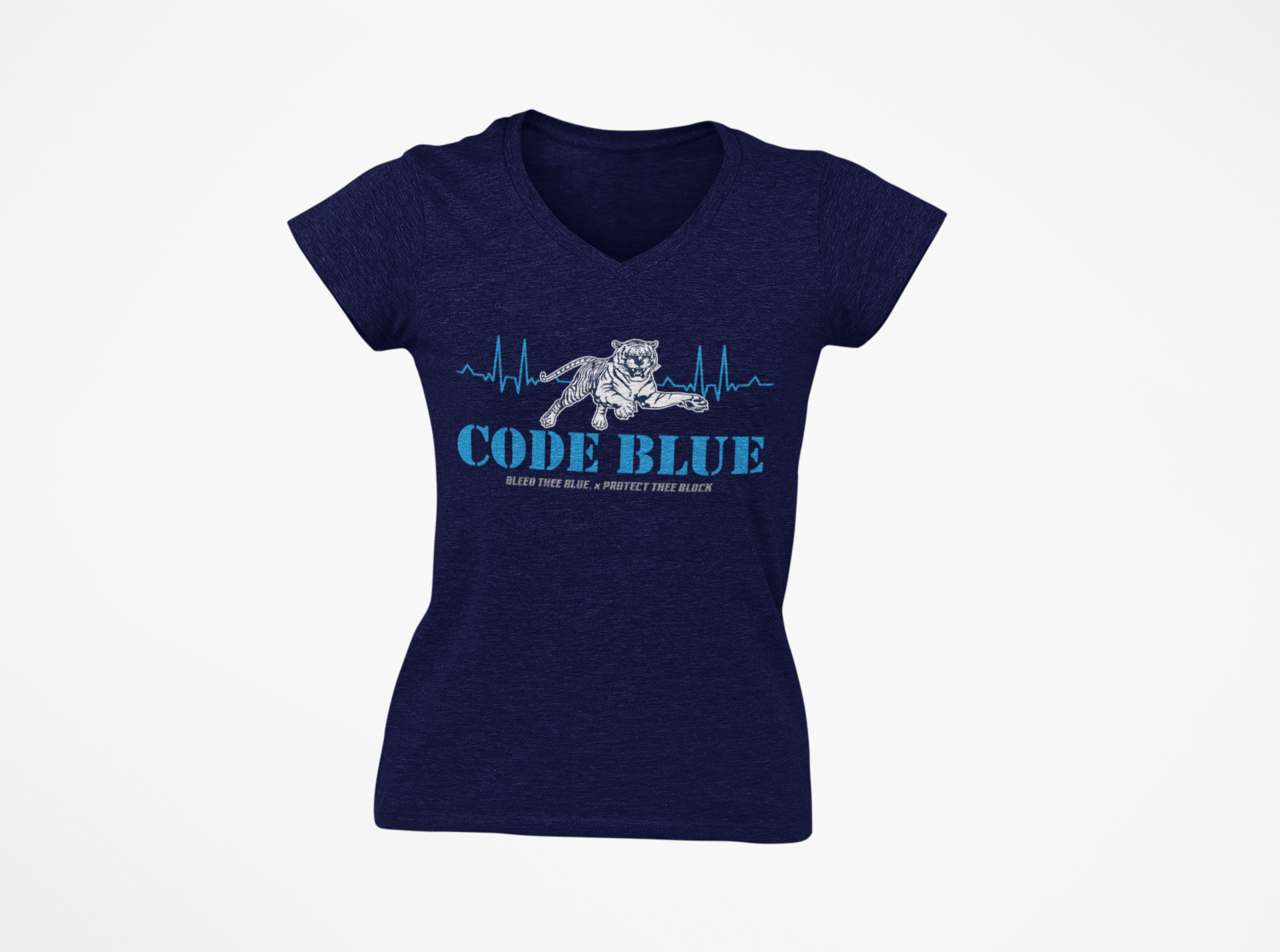 Unisex V-neck t-shirt in navy blue, featuring a blue “Code Blue” graphic on the chest.