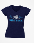 Unisex V-neck t-shirt in navy blue, featuring a blue “Code Blue” graphic on the chest.