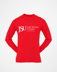 Long-sleeve crew neck T-shirt in red with Jackson State University logo at chest