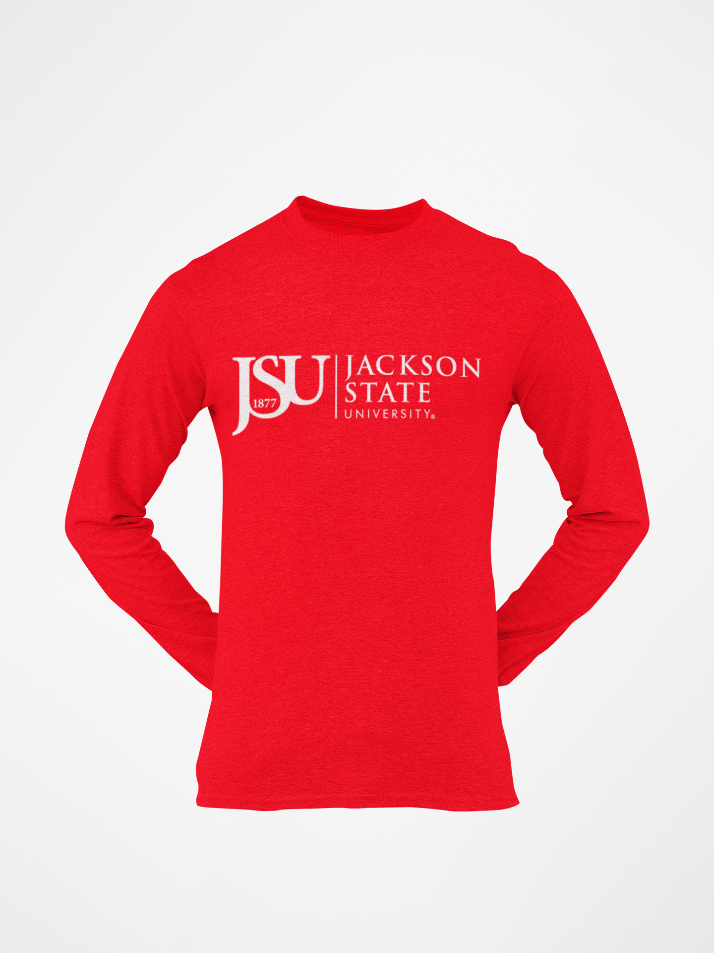 Youth long sleeve crew neck T-shirt, red with JSU 1877 Jackson State logo print.