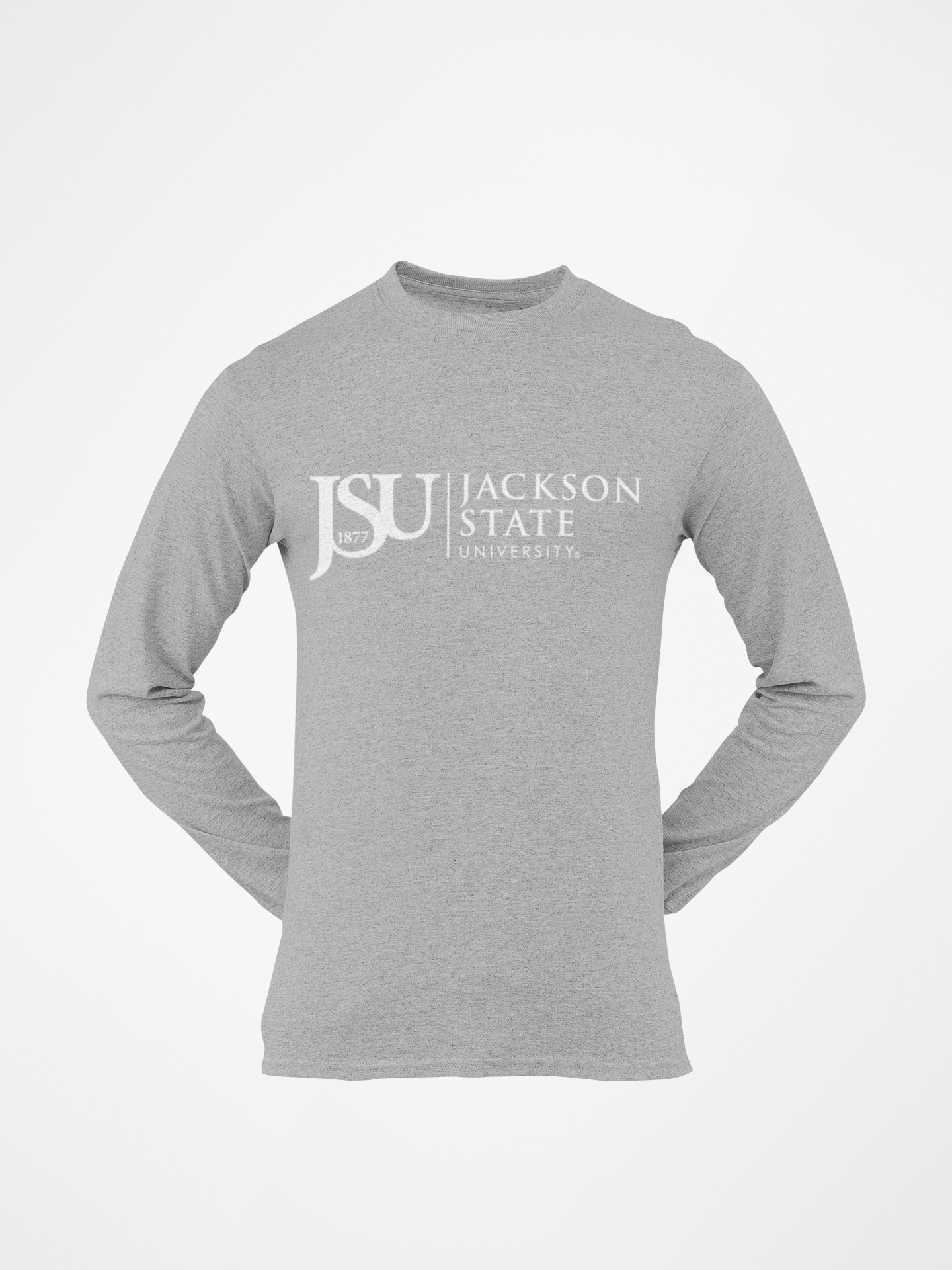Youth long sleeve crew neck T-shirt, athletic heather gray with JSU 1877 Jackson State logo.