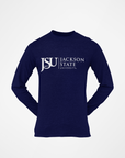 Navy long-sleeve crew neck T-shirt, front view, with Jackson State University chest logo