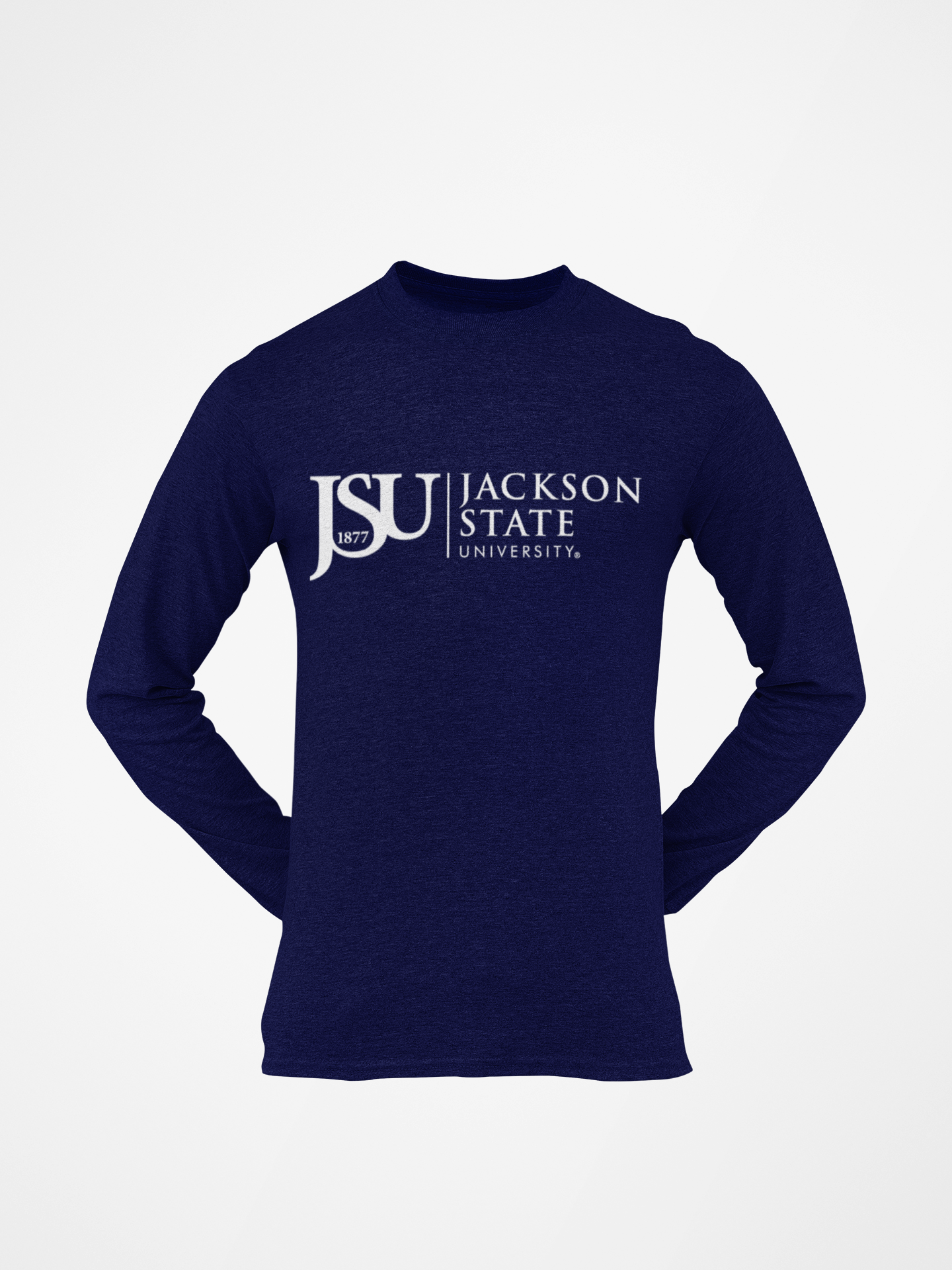 Youth long sleeve crew neck T-shirt, navy blue with JSU 1877 Jackson State logo print.