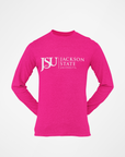 Long-sleeve crew neck T-shirt in hot pink with Jackson State University logo at chest