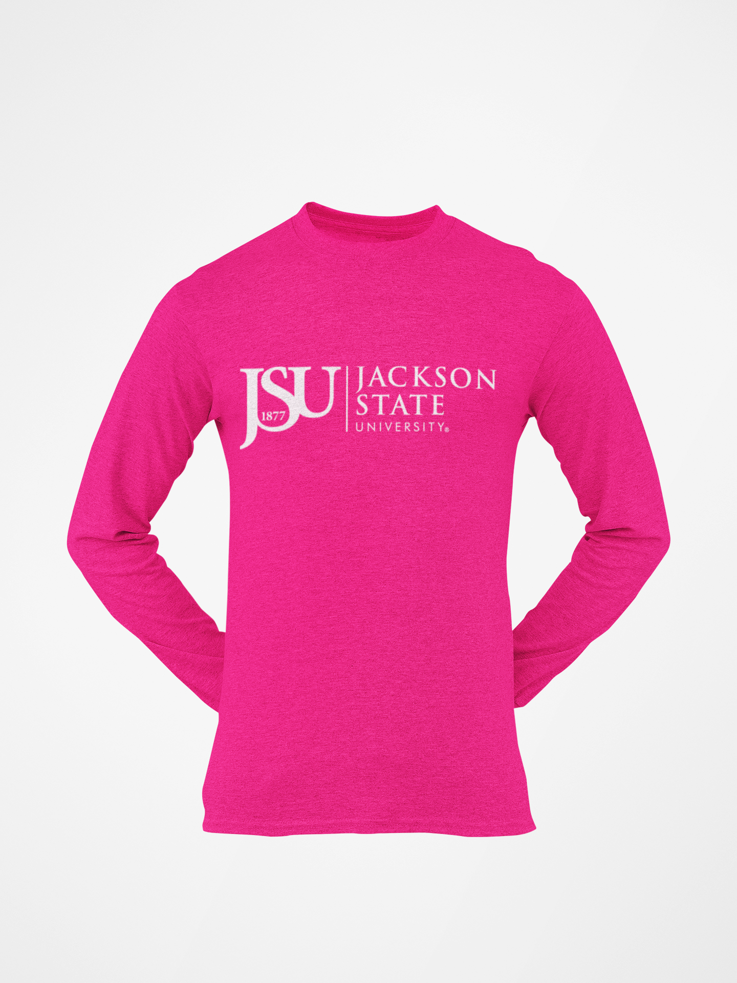 Youth long sleeve crew neck T-shirt, pink with JSU 1877 Jackson State logo print.