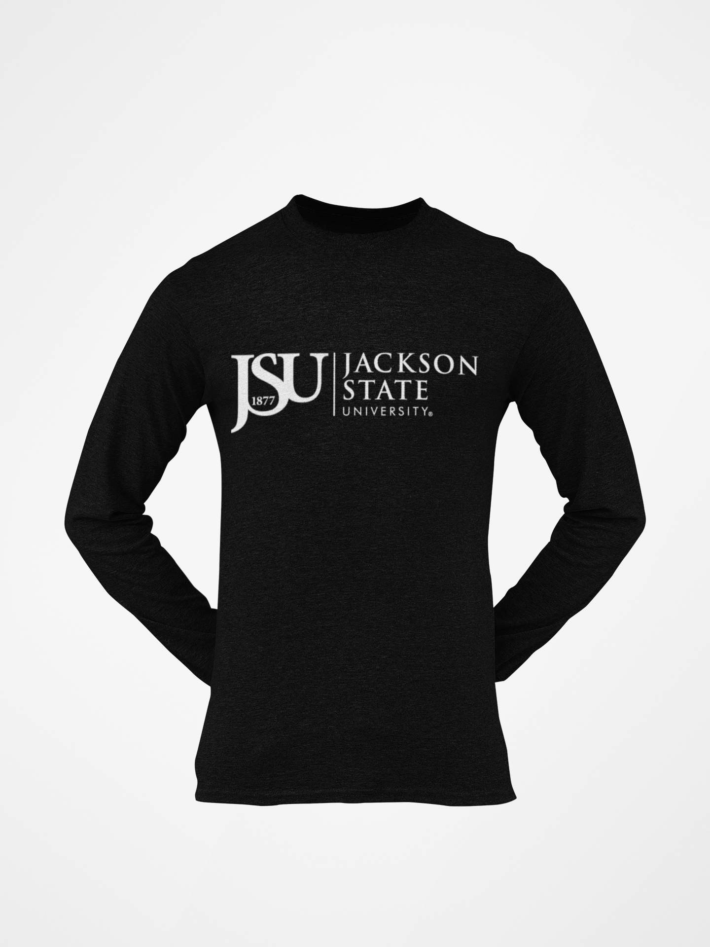 Youth long sleeve crew neck T-shirt, black with JSU 1877 Jackson State logo print.