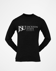 Youth long sleeve crew neck T-shirt, black with JSU 1877 Jackson State logo print.