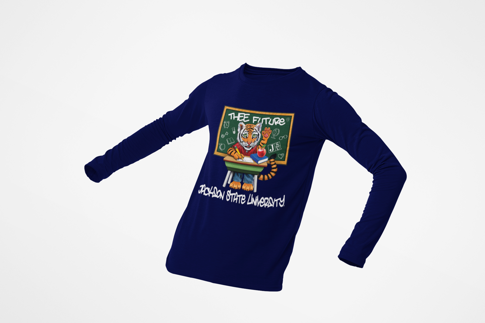 Youth long-sleeve crewneck T-shirt, navy blue with colorful front graphic and script text
